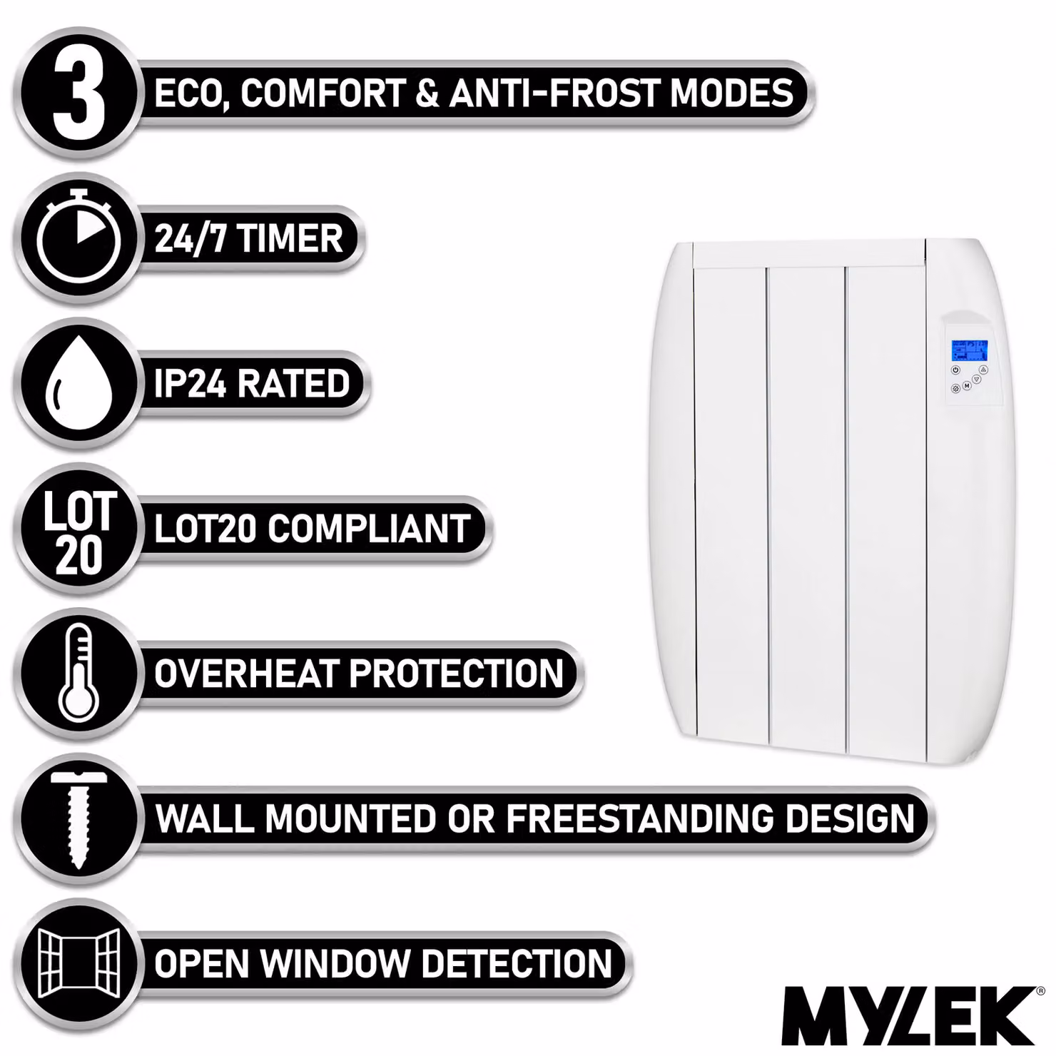 MYLEK 600W Aluminium Electric Panel Convector Heater with 24/7 Digital Timer in White – 2