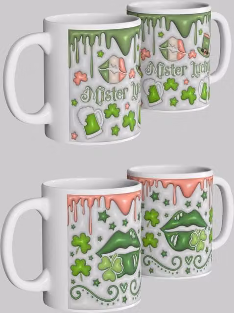 Simply Stunning Mugs St. Patrick's Day Mug Set with Mister Lucky and Shamrock Kiss Designs in White and Green