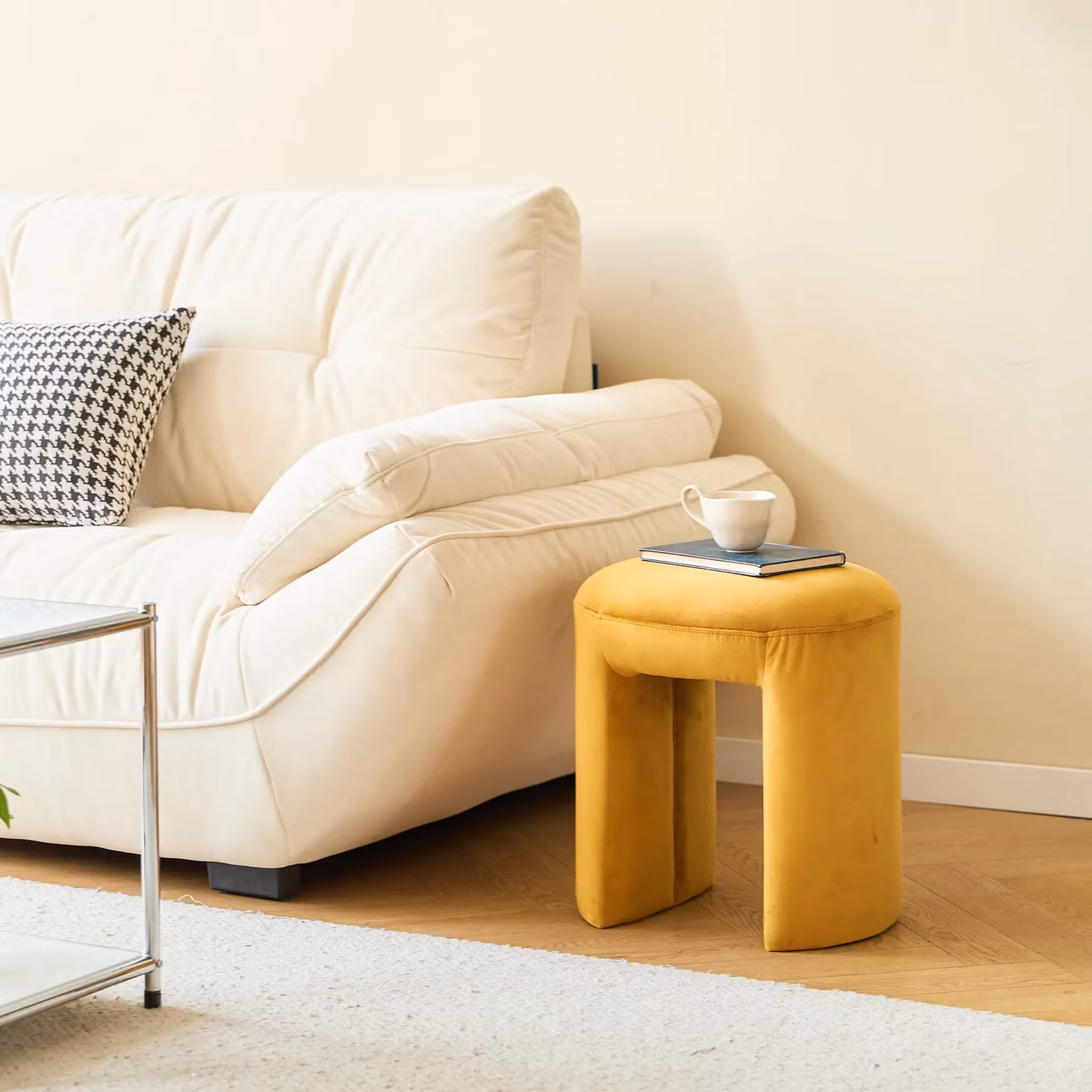 NAGA Nordlys Scandinavian Velvet Lounge Pouf in Beige and Yellow – 2
