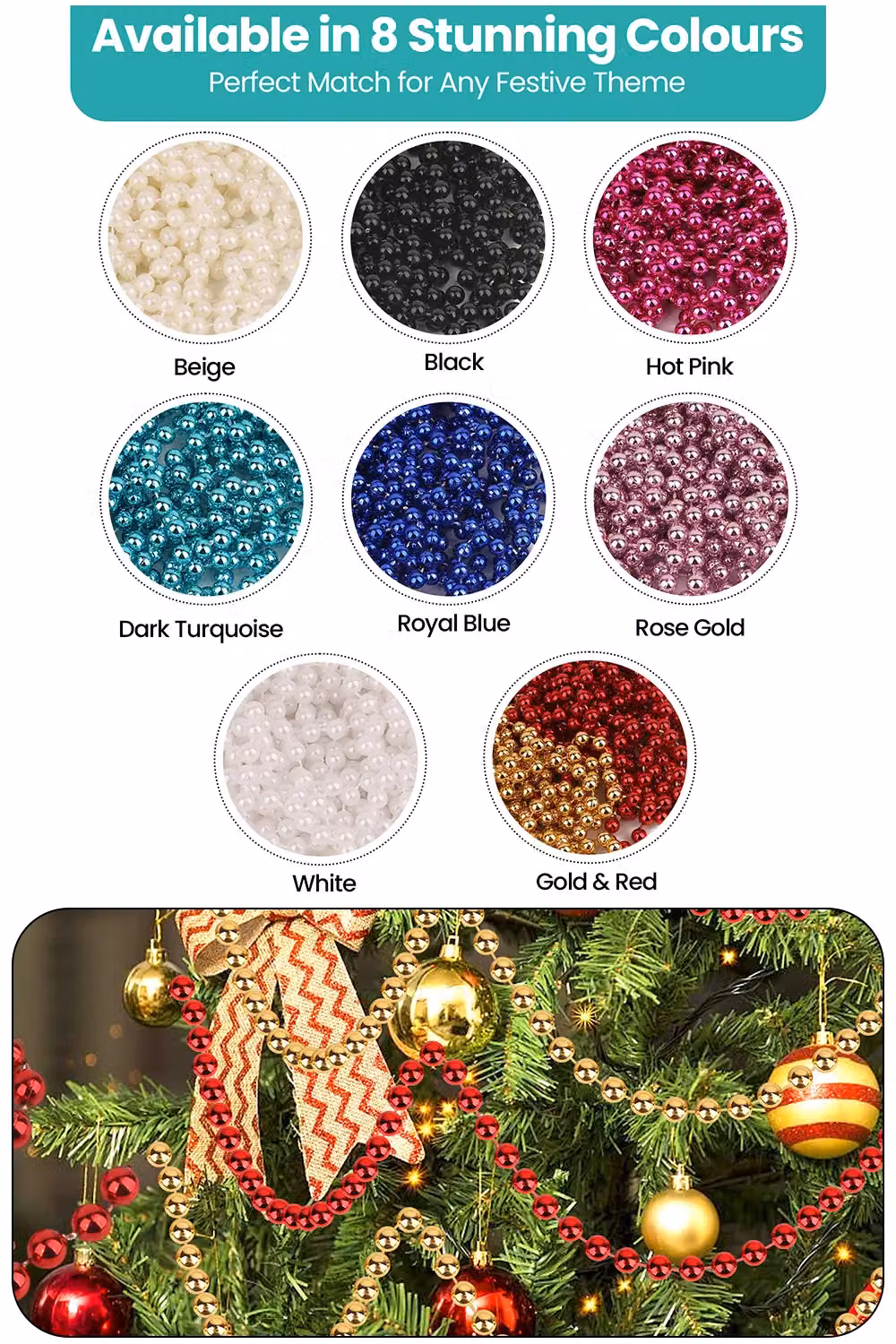 Neel Blue Red and Gold Christmas Metallic Bead Chain 7.5mm Pearl Garland – 4