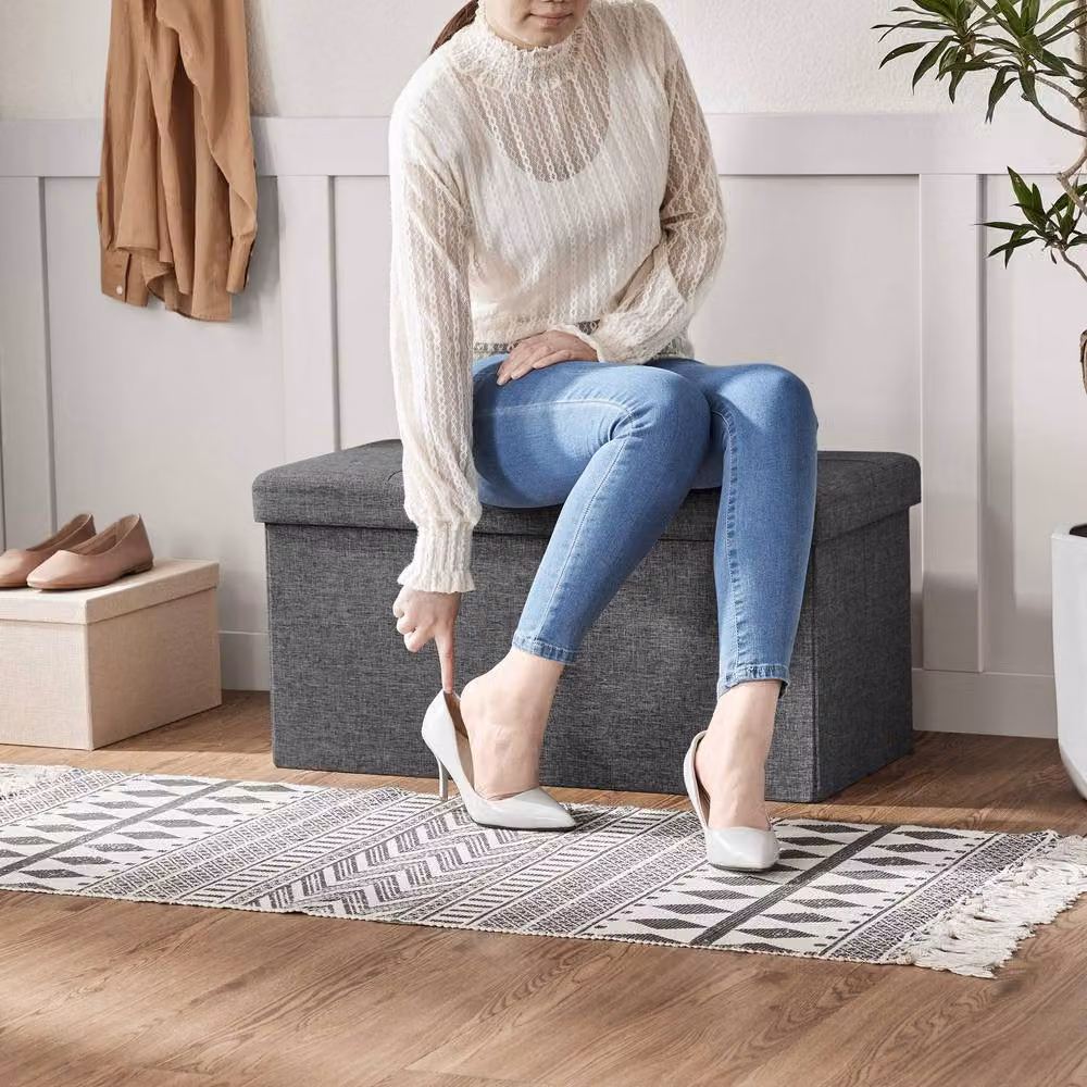Dprodo Linen Storage Ottoman and Folding Foot Rest Stool in Grey, W/D/H: 76 x 38 x 38 cm – 6