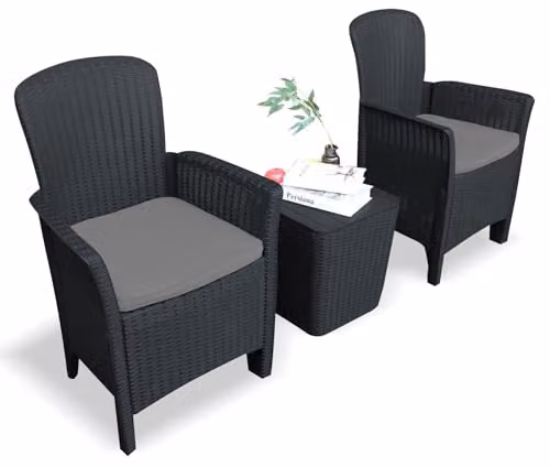 Centurion Supports Ophelia 3-Piece Black PU Rattan Wicker Garden Furniture Set with High Back Armchairs, Side Table and Cushion Storage – 9