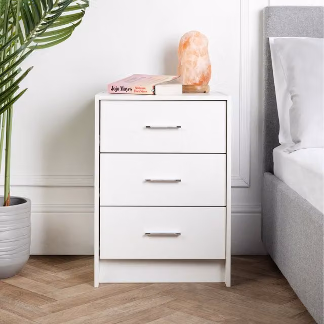 Home Treats White Lacquered 3 Drawer Bedside Chest with Metal Handles