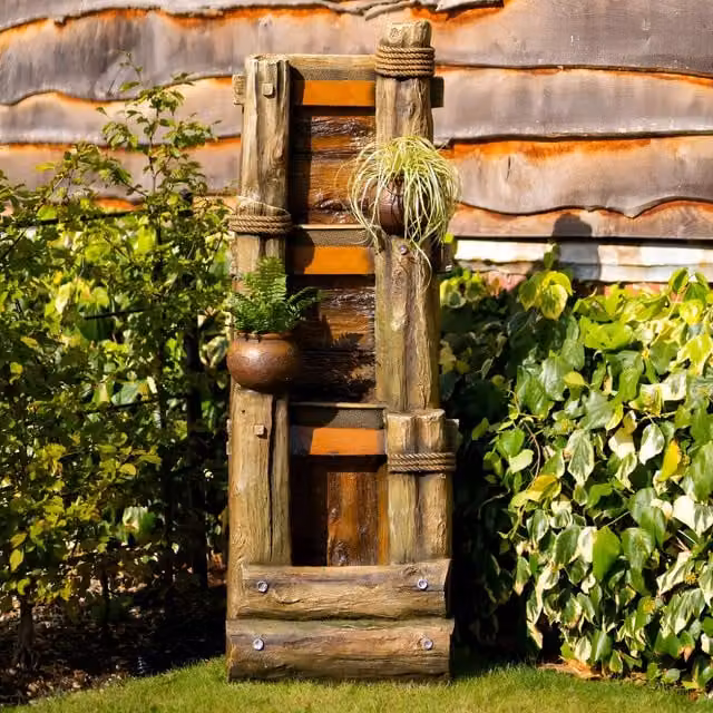 Primrose Log Falls Cascading Water Feature and Planter with Lights in Brown