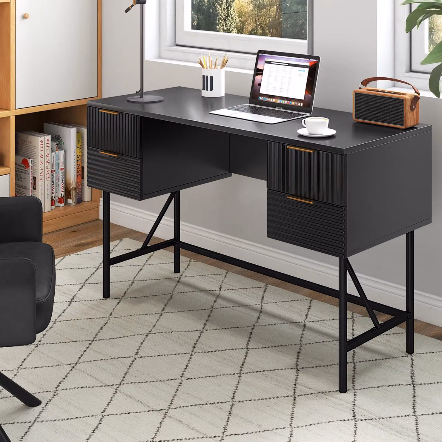 Gymax Modern Home Office Computer Desk in Black with Metal Legs, Width: 120 cm – 8