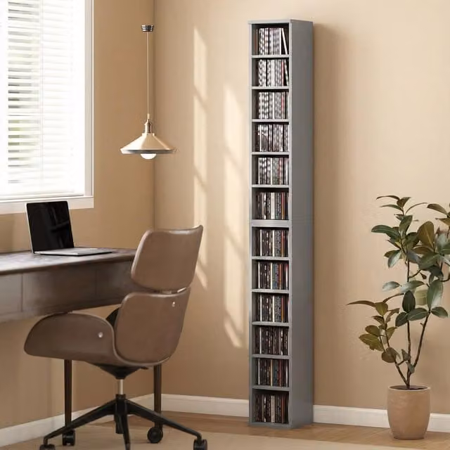 HOMCOM Set of 2 Light Grey CD and DVD Storage Units with Adjustable Shelves