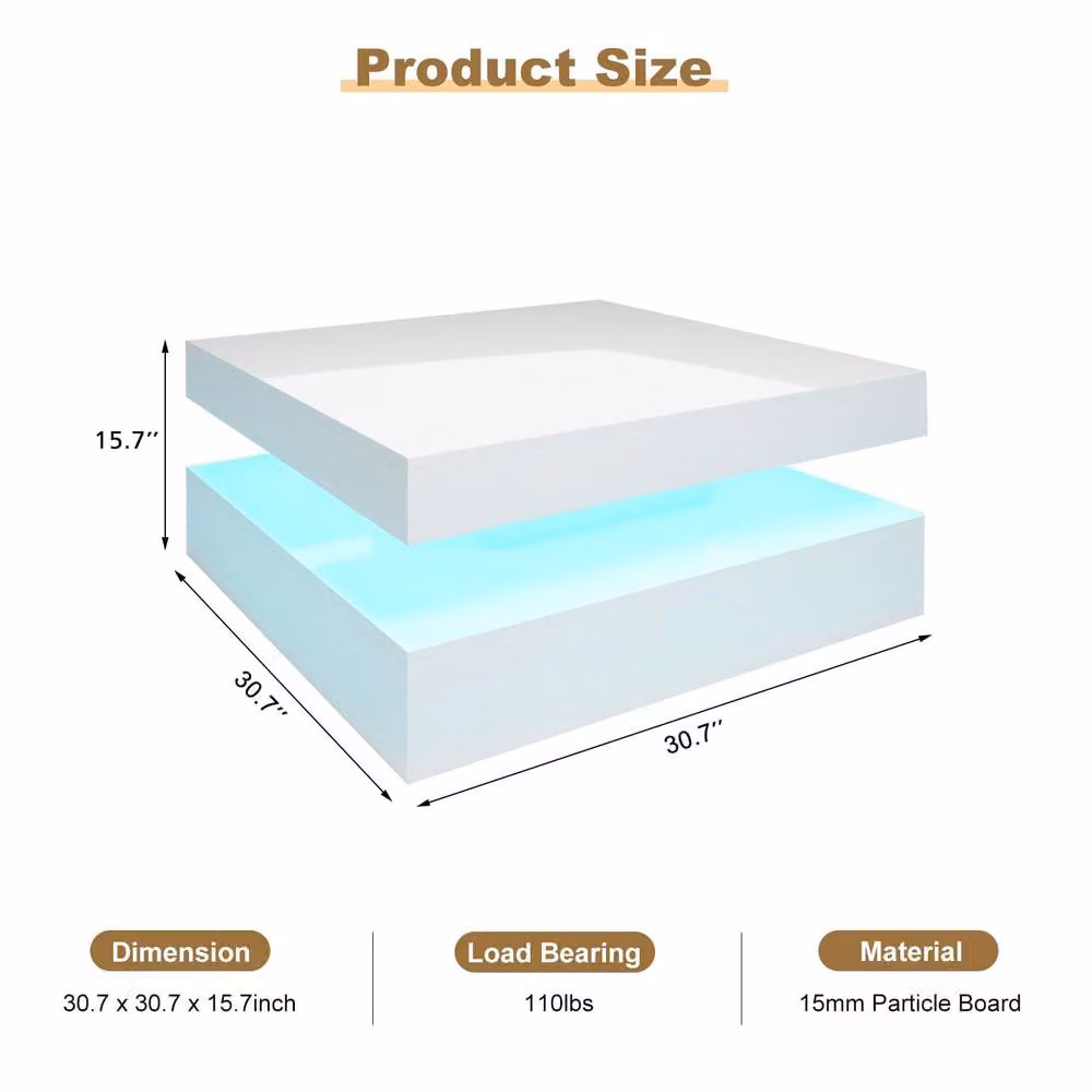 KEEPREAPER Modern Square Coffee Table with Storage and LED Light in White, W/D/H: 78 x 78 x 40 cm – 2