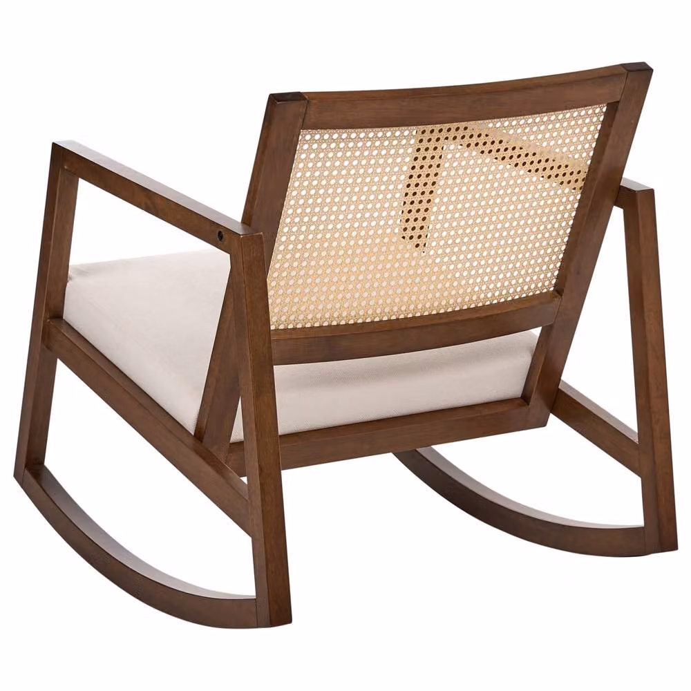 Wyld and Coco Scandinavian Rocking Armchair in Beige Woven Fabric with Solid Rubberwood Frame – 4