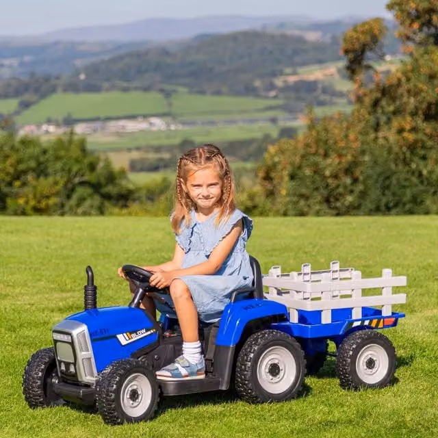OutdoorToys Electric Ride On Tractor with Trailer and Parental Remote Control, Blue