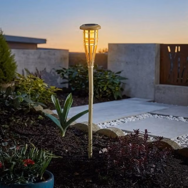Garden Greatness Solar Flaming Bamboo Tiki Garden Torch in Natural Brown