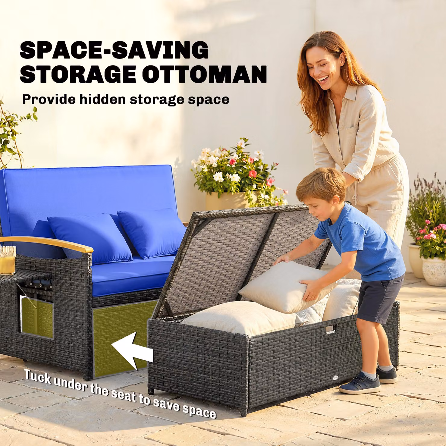 Outsunny Double Garden Rattan Daybed in Brown with Storage Ottoman, Wicker Sun Bed Chaise Lounger featuring Adjustable Backrest, Armrests and Side Tray – 7