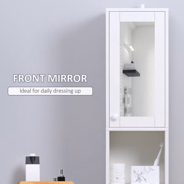 Kleankin Tall Narrow Freestanding Bathroom Storage Cabinet with Mirror and Internal Shelves, White, H 170 x W 30 x D 3 cm