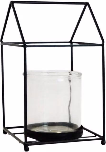 Four Candle Black House Shaped Tabletop Lantern with Glass Insert