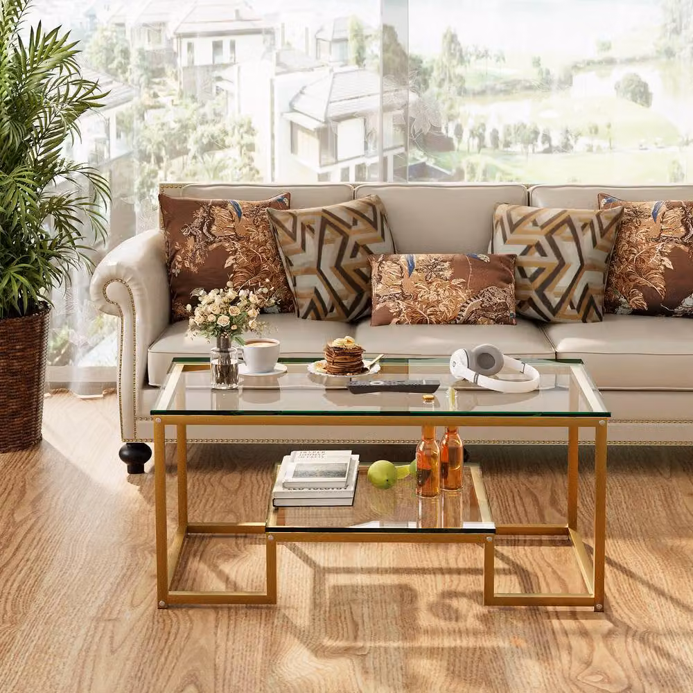 Huhote Rectangular 2-Tier Coffee Table with Gold Metal Frame and Glass Top, W/D/H: 100 x 48 x 45 cm – 3