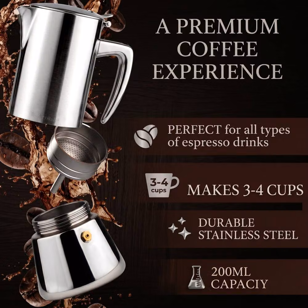 Crystals Stainless Steel 4 Cup Espresso Maker Stovetop Moka Pot in Metallic Silver, 200ml – 2