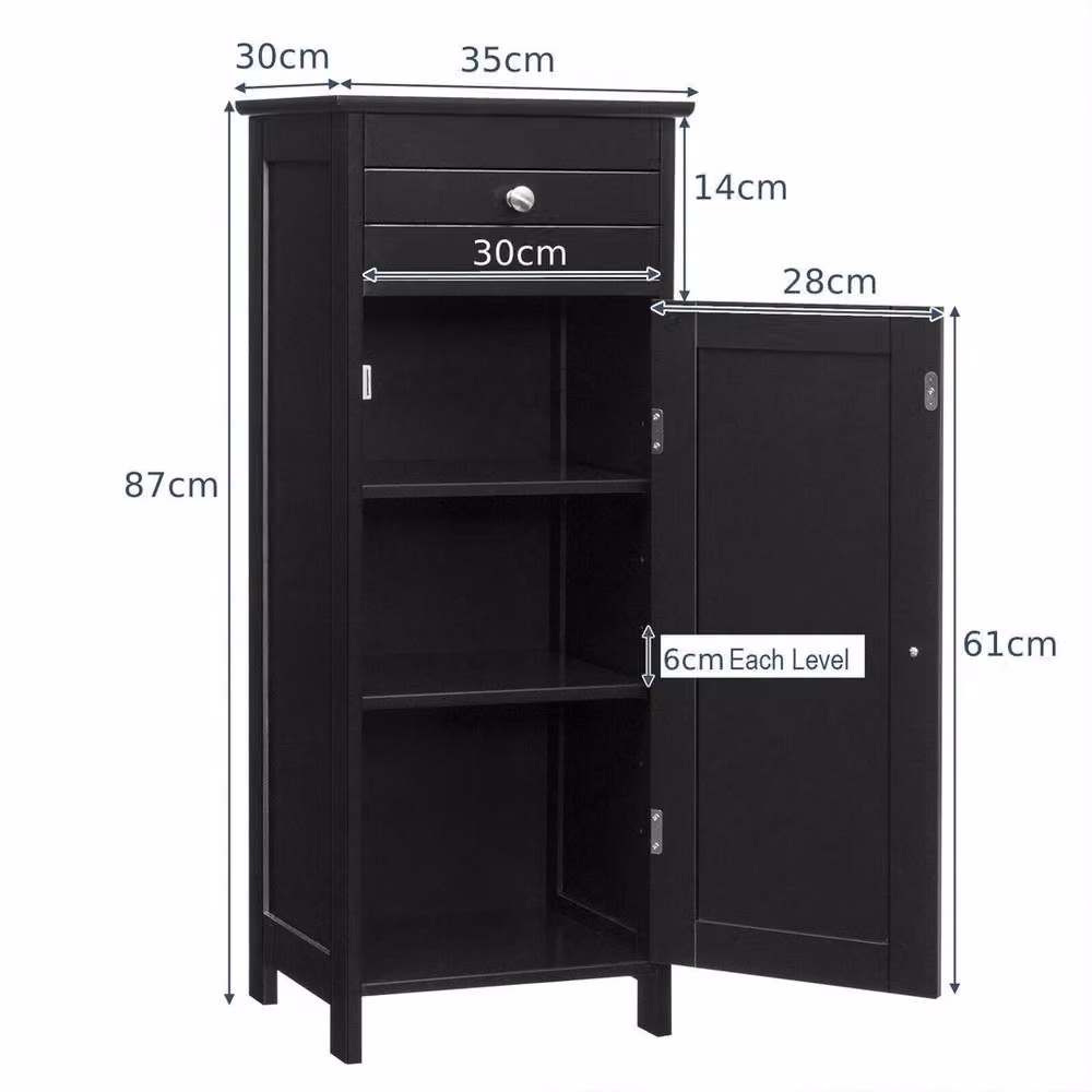VOGREX Black Wooden Single-Door Freestanding Bathroom Storage Cabinet with Internal Shelves – 2