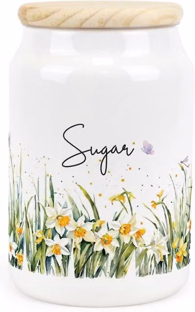 Purely Home Spring Daffodils Ceramic Sugar Storage Canister in Green and White