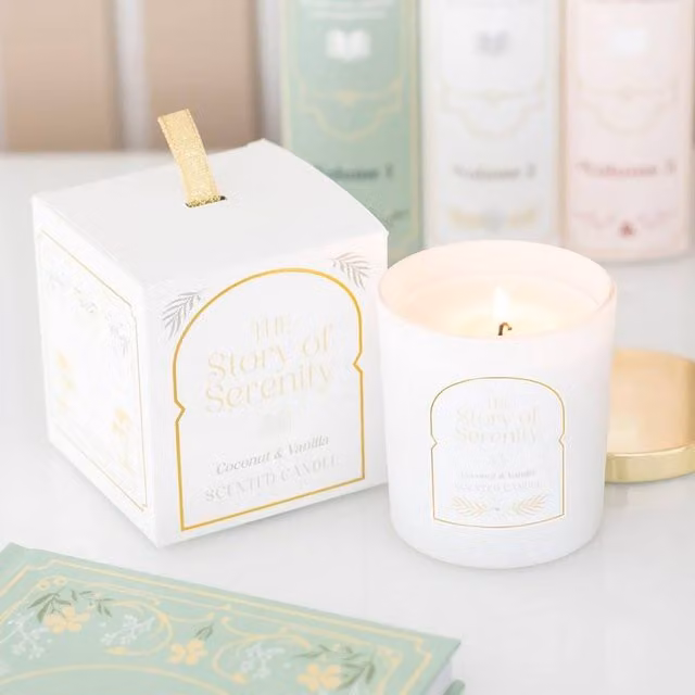 Uniqueful The Story of Serenity Coconut and Vanilla Pillar Candle in White and Gold