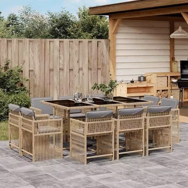 Berkfield Home 11 Piece Poly Rattan Garden Dining Set with Cushions and Glass Top in Beige – 1