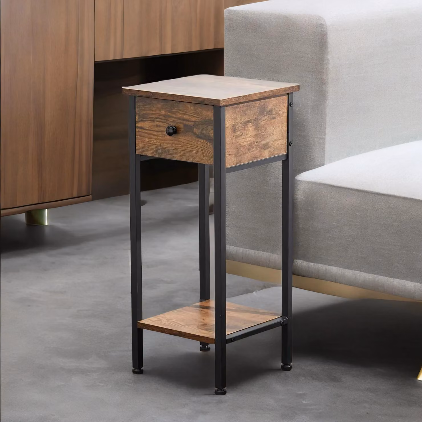 Rafaelo Mobilia Industrial Narrow Bedside Table with Drawer in Brown and Black, H: 70 cm, W: 30 cm, D: 30 cm – 2