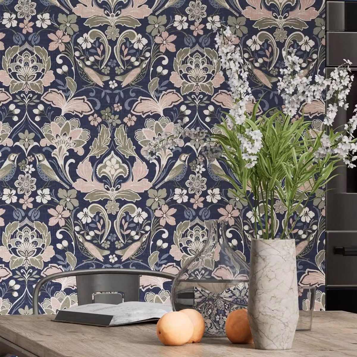 World of Wallpaper Folk Floral Textured Wallpaper in Navy Blue – 2