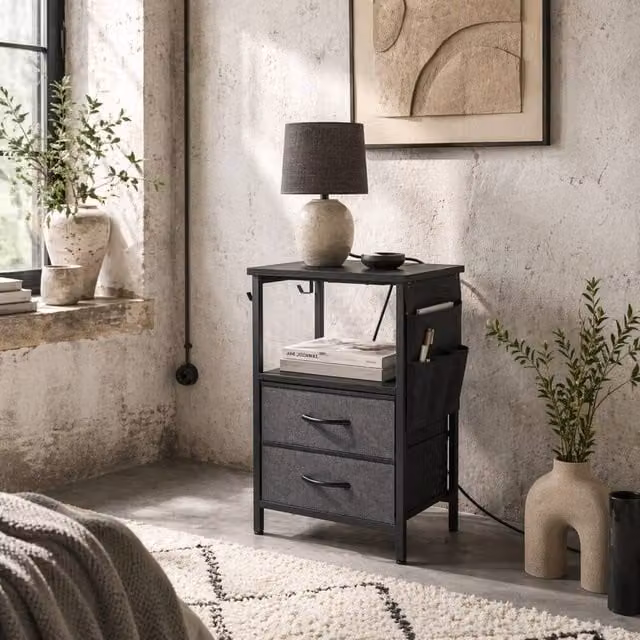 Wyld Haus Pado Black Metal Bedside Table with Integrated Charging Station and Grey Finish, W/D/H: 60 x 30 x 30 cm