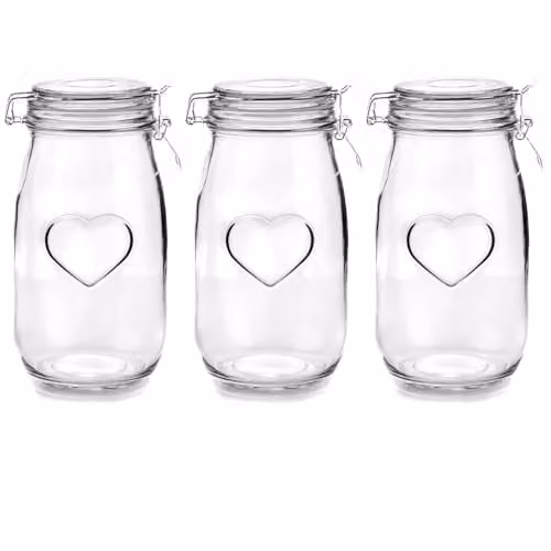 Nicola Spring Heart Shaped Glass Storage Jars with Airtight Clip Lids, 1.5 l, Pack of 3, Transparent – 1