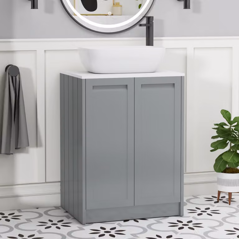 Royal Bathrooms Elmore 600mm Floor Standing 2 Door Vanity Unit in Matt Pebble Grey with Plain White Worktop and Elva Basin