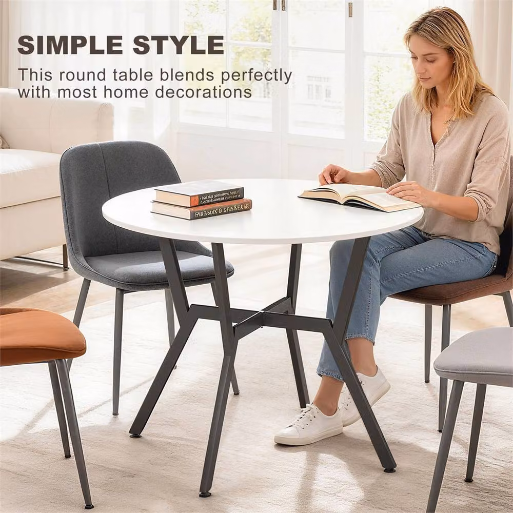 EONLION Modern Round White Dining Table with Matt MDF Laminate Top and Metal X-Frame Base, Diameter: 100 cm – 2