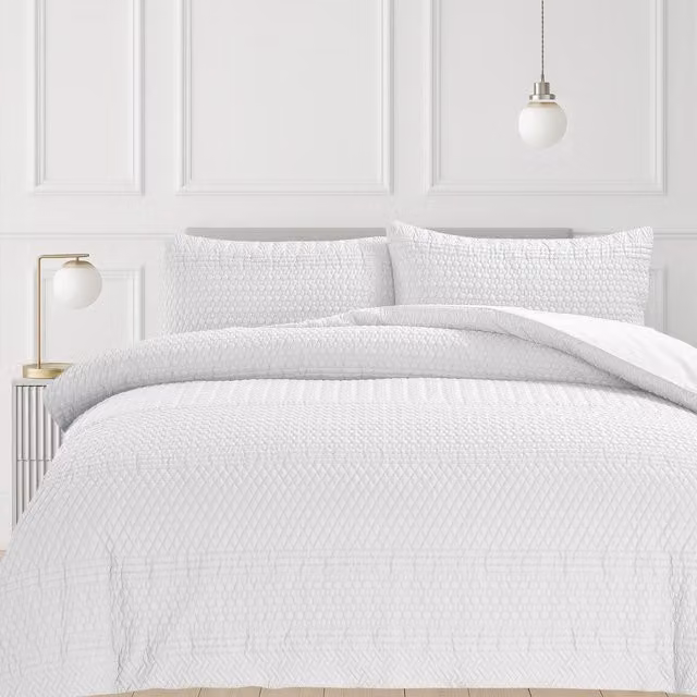 Velosso White 3D Embossed Allover Pattern Duvet Set and Pillowcase, W: 200 cm x L: 200 cm