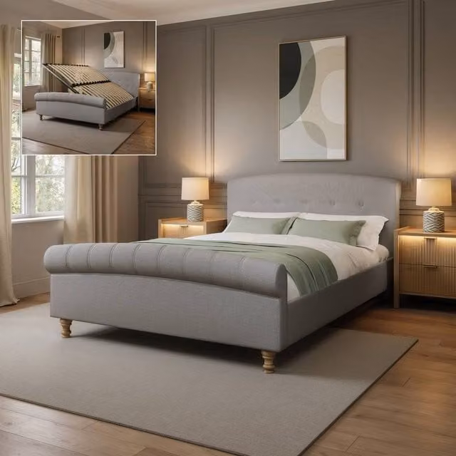 X Rocker Camille Upholstered Shadow Ottoman King Sleigh Bed in Grey – 1