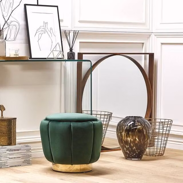 Wyld and Coco Green Velvet Cylindrical Pouffe with Gold Metal Base, W/D/H: 43 x 37 x 43 cm – 1