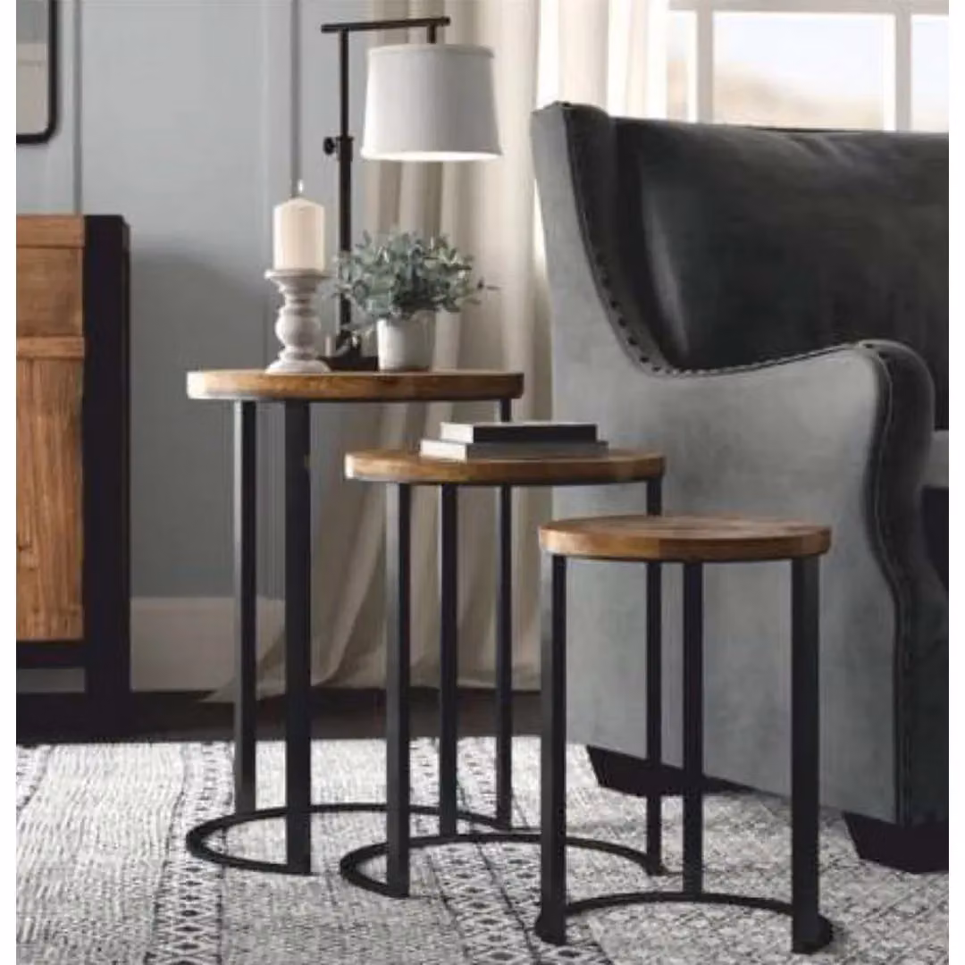 Jaipur Furniture Ltd Ravi Set of 3 Round Stools with Mango Wood Top and Iron Base in Brown and Black, W: 43 cm, D: 43 cm, H: 65 cm – 2