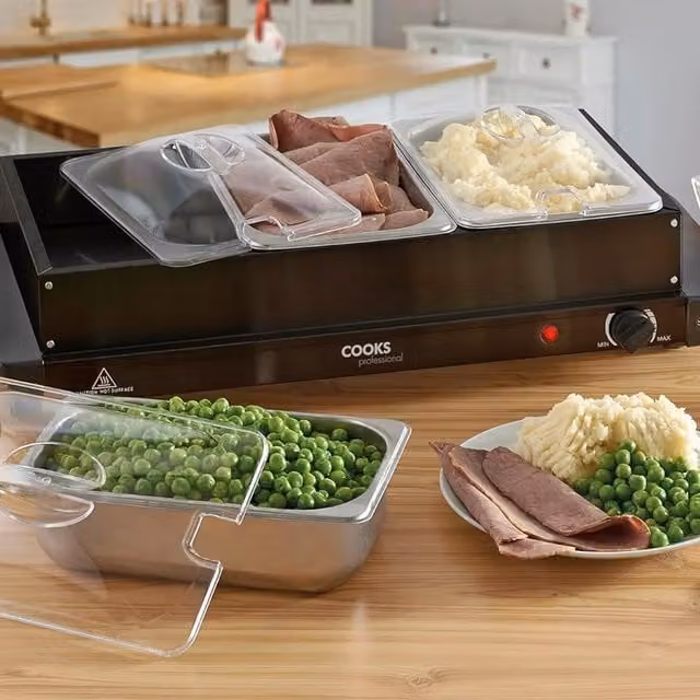 Cooks Professional Electric 3 and 4 Section Buffet Warmer Tray in Black with Stainless Steel and Analog Display
