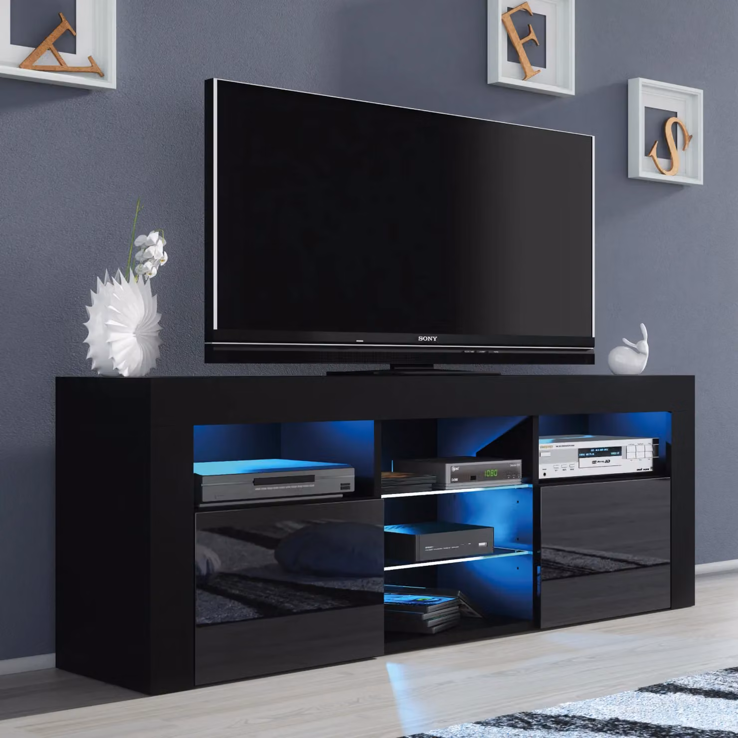 Mex Furniture LTD Modern Glossy TV Unit with Integrated LED Lighting in Black, W: 145 cm, H: 53 cm, D: 35 cm – 5