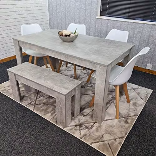 KOSY KOALA Modern 6 Seater Dining Set with Beech Wood Table, 4 White Padded Chairs and 1 Bench, W/D/H: 140 x 80 x 75 cm