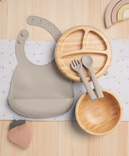 Mamas & Papas First Mealtime Bamboo and Silicone Baby Set in Brown and Grey Truffle