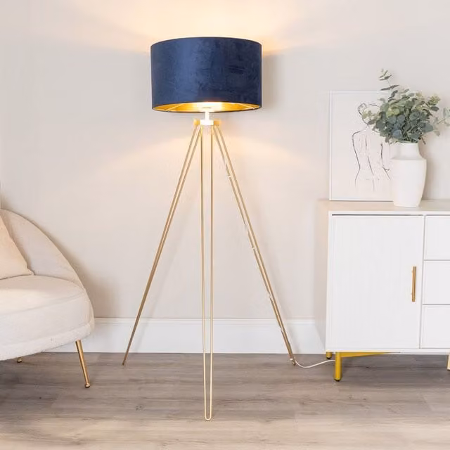 ValueLights Aero Gold Hairpin Tripod Floor Lamp with Navy Blue Velvet and Gold Cylinder Shade – 1