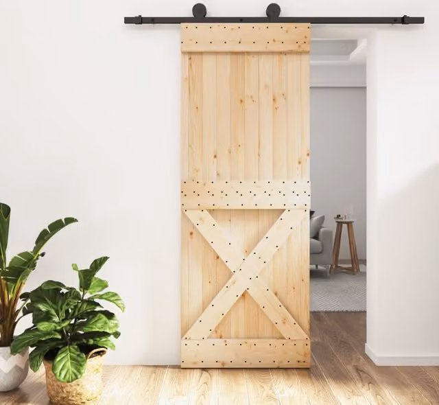 Berkfield Home Modern Sliding Door with Hardware Set, Solid Wood and Steel, Brown, W: 80 cm, H: 210 cm