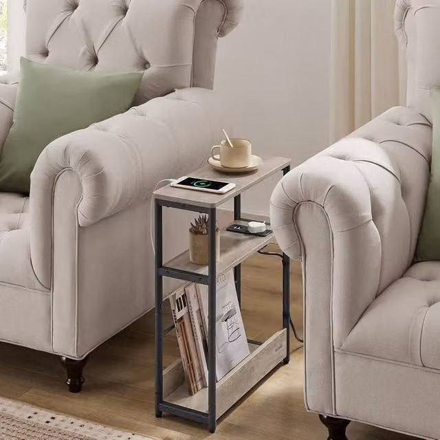 The Bazaarist Narrow Bedside Charging Table with Magazine Holder in Grey and Black, W: 58.0 cm, D: 45.0 cm