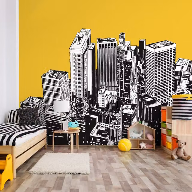 Origin Murals Urban City Skyscrapers Modern Wall Mural in Yellow, Medium