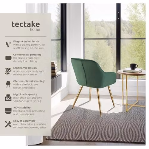 tectake Marilyn Set of 2 Dining Chairs with Velvet Fabric and Gold Metal Legs in Dark Green/Gold – 4