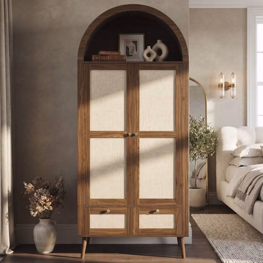 Matteo Arched Double Wardrobe in Walnut and Rattan-Effect with 2 Doors and 2 Drawers, H 180 cm x W 55 cm x D 55 cm – 3