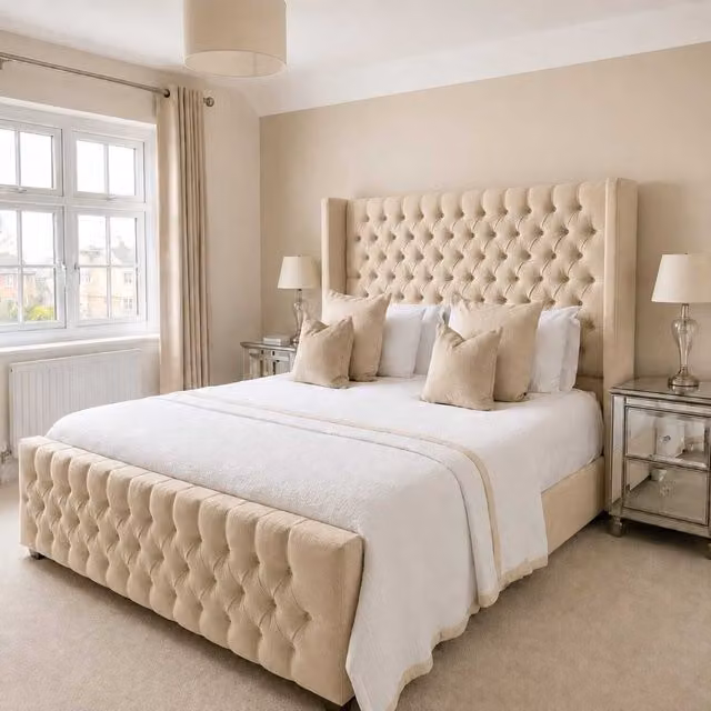 Bellavita Gas Lift Storage Bed with Chesterfield Tufted Headboard in Beige Fabric