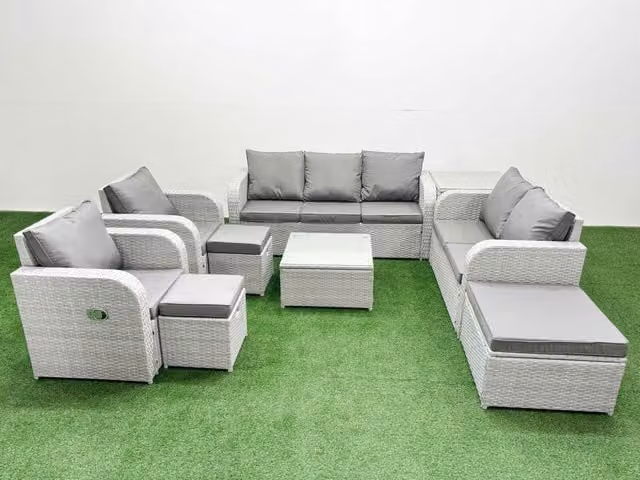 Fimous Grey PE Rattan Garden Furniture Set with 2 Seater Sofa, Coffee Table and 3 Stools