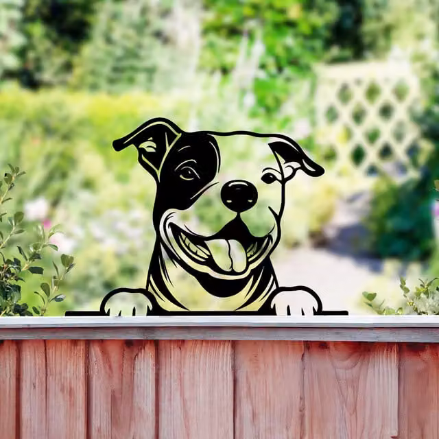 Betley Butterfly Peeking Dog Silhouette Fence Topper, Staffie, Black