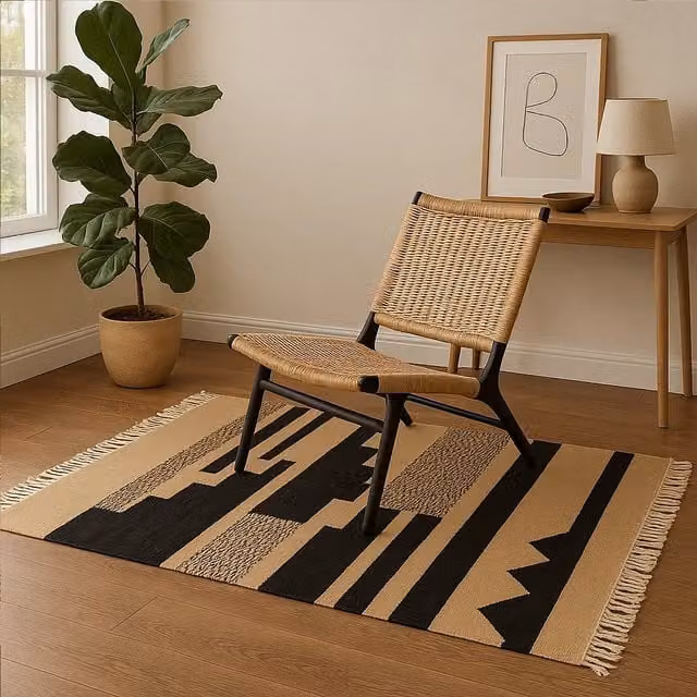 Bosie Small Trenza Braided Abstract Rug with Fringes in Brown, Sand and Black
