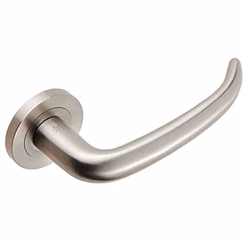 Loops Pair of Slim Rounded Inward Curved Lever Door Handles with Round Rose in Brushed Satin Steel