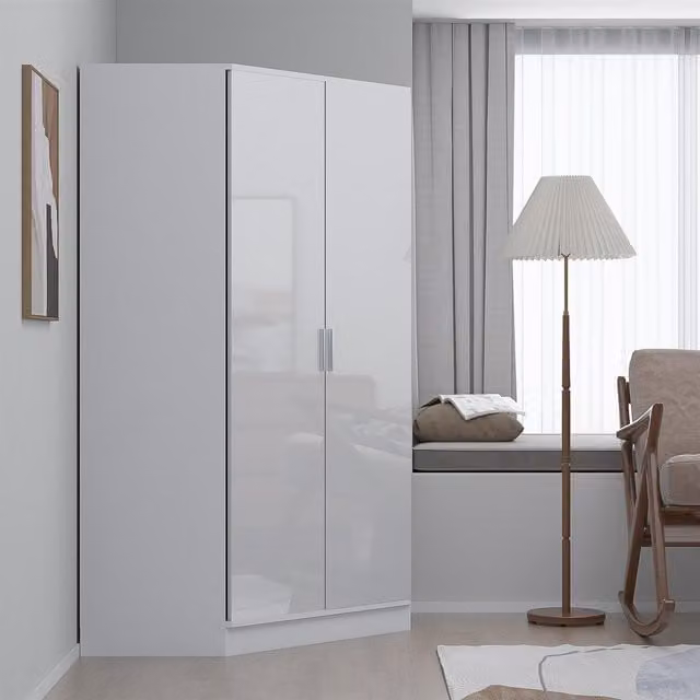 REFLECT 2 Door Corner Wardrobe in White High Gloss and Matt Finish