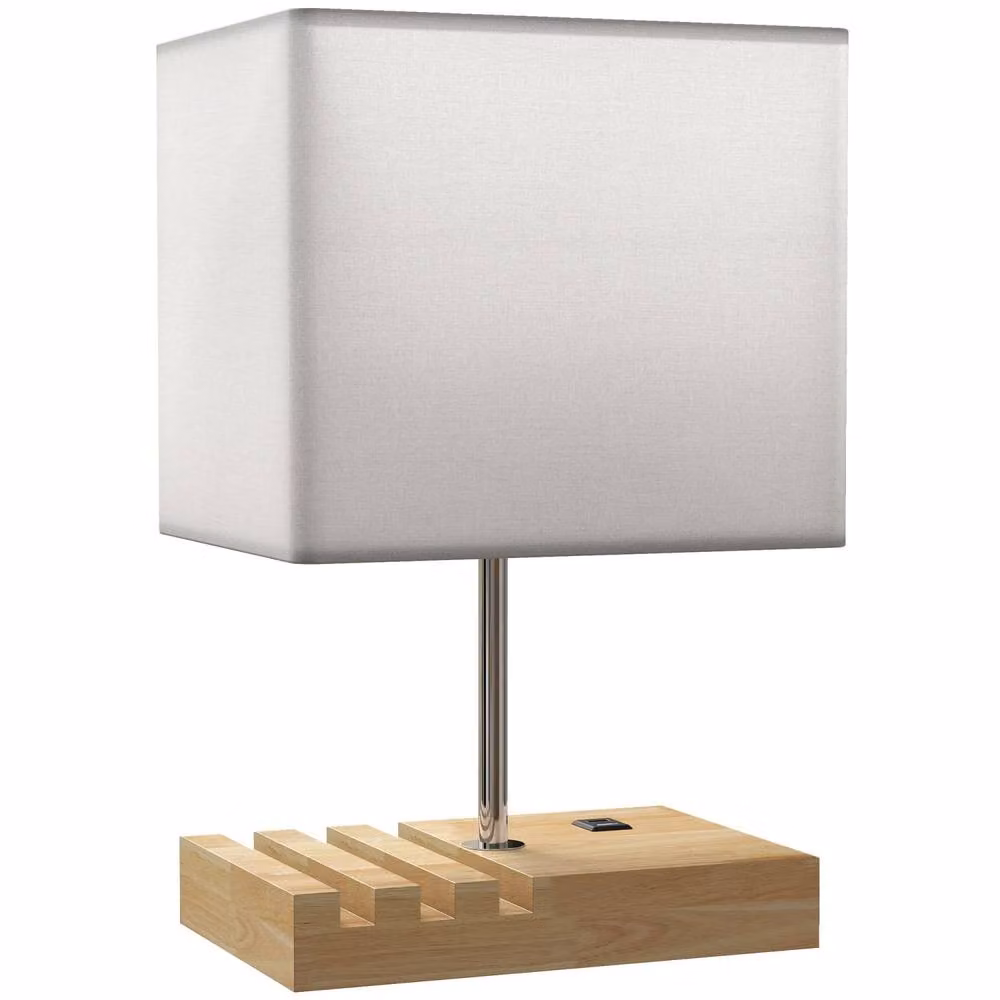 Wyld Haus Hael Wood and Fabric Table Lamp with USB A and USB C Charging Phone Stands in White – 2